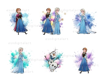 Frozen Elsa Anna Olaf Watercolor Png Clipart, Princess Digital Download, Sublimation Art for Kids Room Wall Decor Print, Frozen Clipart