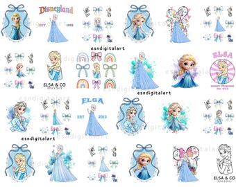 Pacchetto di 30 clipart digitali Png di Elsa, acquerello Png della principessa Frozen, grazioso design Chibi di Elsa, sfondi del castello, design a sublimazione