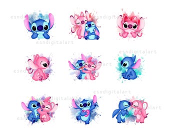 Stich und Engel Aquarell Png-Bundle, Stich Clipart, Engel Png-Datei, Stich Paar Png, Stich Liebe Png, Stich druckbare, digitale Dateien
