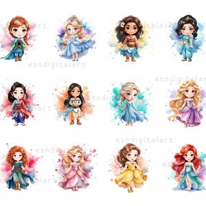 Baby Princess Png Bundle, 14 Files Watercolor Cute Princess Digital Download, Chibi Princess Clipart for Sublimation, Watercolor Princess