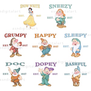Snow White and 7 Dwarfs Png Bundle, Watercolor Digital Clipart, Fairy Tale Png Download, Seven Dwarfs Clipart, Digital Download
