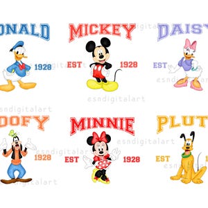 May include: A collection of six cartoon character illustrations, including Donald Duck, Mickey Mouse, and Daisy Duck. Each character is depicted with their name above and the year "1928" below, in a collegiate style font. The background is white.