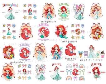 Pacote de imagens PNG da Pequena Sereia, Princesa Ariel em PNG, Coleção de Clipart de Princesas para Artesanato, Clipart da Pequena Sereia, Aniversário com Tema de Sereia, Sublimação