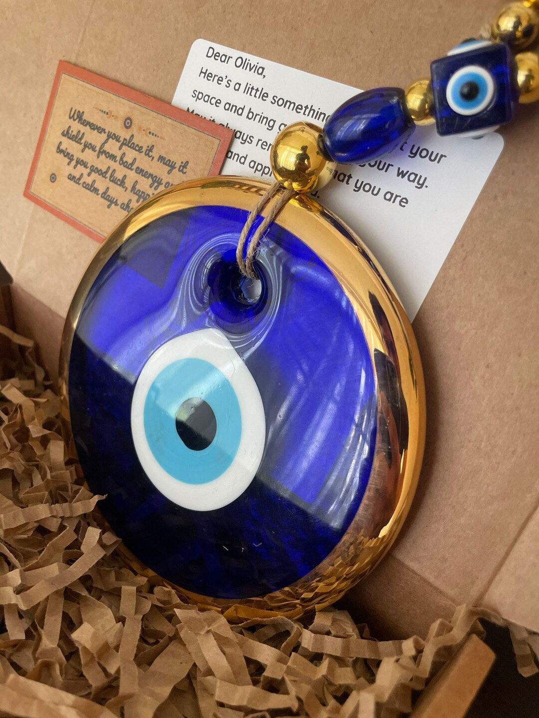 Blue Evil Eye Wall Hanging, 5.11" Gold Framed Amulet, Large Turkish ...