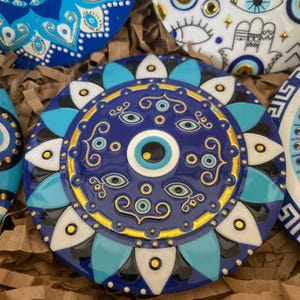 Magnetic Evil Eye Coaster Set for Tea Cups and Mugs – Mandala Pattern Ceramic Drink Coasters with Turkish Nazar Design – Gift Ready - 6 Pcs