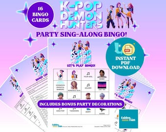 K-Pop Demon Hunters Sing-Along Bingo game! | up to 16 players | includes bonus birthday party decorations (Digital Download)