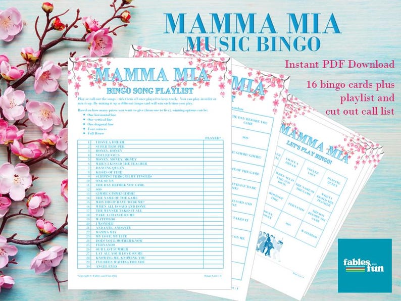 Puede incluir: Un juego de bingo musical Mamma Mia imprimible con 16 tarjetas de bingo, una lista de reproducci&oacute;n y una lista de llamadas. El juego presenta un esquema de color rosa y azul con un dise&ntilde;o floral. El texto "Mamma Mia Music Bingo" est&aacute; en la parte superior de la p&aacute;gina.