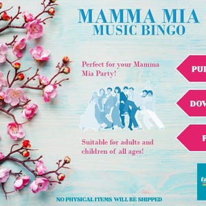 Puede incluir: Una descarga digital rosa y azul para un juego de bingo musical de Mamma Mia. La imagen presenta un grupo de personas bailando y un dise&ntilde;o floral. El texto "COMPRAR", "DESCARGAR" e "IMPRIMIR" est&aacute; en botones rosas. El texto "fables fun" est&aacute; en un bot&oacute;n azul turquesa.