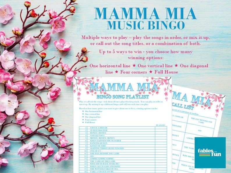 Puede incluir: Una tarjeta de juego imprimible para un juego de bingo musical de Mamma Mia. La tarjeta presenta un dise&ntilde;o floral rosa y azul con el t&iacute;tulo "Mamma Mia Bingo Song Playlist". La tarjeta incluye una lista de canciones de la banda sonora de la pel&iacute;cula Mamma Mia.