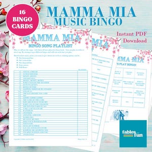 Mamma Mia Music Bingo | Party Game for up to 16 players | Suitable for children or adults | Instant Download | Printable | Digital | UK