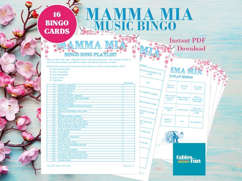Puede incluir: Un conjunto imprimible de 16 tarjetas de bingo de Mamma Mia con un dise&ntilde;o floral rosa y azul. Las tarjetas incluyen una lista de canciones y una tarjeta de bingo con casillas que incluyen t&iacute;tulos de canciones como "Dancing Queen" y "The Name of the Game".