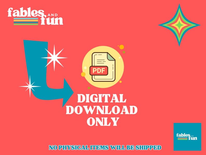 Puede incluir: Un gr&aacute;fico de descarga digital con una flecha azul que apunta a un c&iacute;rculo amarillo que contiene un icono de PDF. El texto "DESCARGA DIGITAL SOLO" est&aacute; en letras blancas sobre un fondo rojo. El texto "NO SE ENV&Iacute;AN ART&Iacute;CULOS F&Iacute;SICOS" est&aacute; en letras negras sobre un fondo rojo. El gr&aacute;fico tambi&eacute;n incluye el texto "fables Y fun" en letras azules y amarillas sobre un fondo rojo.