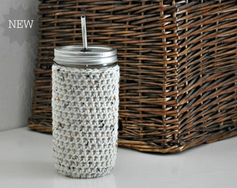 Oatmeal Mason Jar Cozy Crocheted Holder 24 oz Size Eco Friendly Reusable Cover Friend Gift Easy Hold