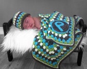 Personalized  Baby Blanket Granny Square Style & Baby Hat - monogrammed Blue and Green and Brown