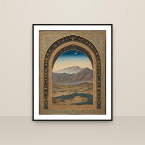May include: A framed wall art print featuring a landscape painting inside an ornate, arched border. The scene depicts layered mountains under a twilight sky with a crescent moon, set against a desert plain with dark green trees and a river.
