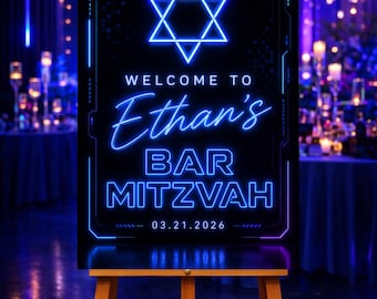 Neon Bar Mitzvah Welcome Sign – Blue Star of David Bar Mitzvah Decor – Personalized Printed Foam Board Sign – Custom Bar Mitzvah Poster