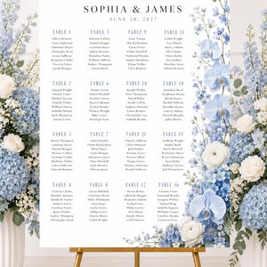 May include: A white wedding seating chart sign on a gold easel, featuring the text PLEASE FIND YOUR SEAT, SOPHIA & JAMES, JUNE 20, 2027, and sixteen tables with guest names. The sign is decorated with blue and white floral arrangements.