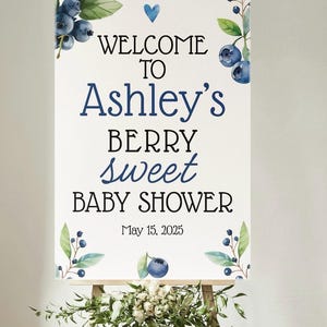 Letrero de bienvenida para baby shower con temática de arándanos y bayas – Letrero personalizado de espuma – Decoración para baby shower con temática de arándanos – Póster impreso para baby shower