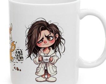 Tazza da caffè con supporto emotivo: donna esausta e animali domestici, 11 oz