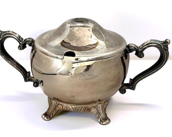 Vintage Silver Plated Sugar Bowl, Ornate Scroll Handles, Footed Tea Service Piece