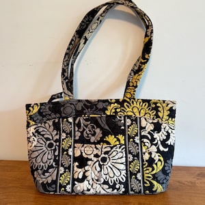 Vintage-Inspired Vera Bradley “Baroque” Tote Bag – Quilted Black, Gray & Yellow Floral