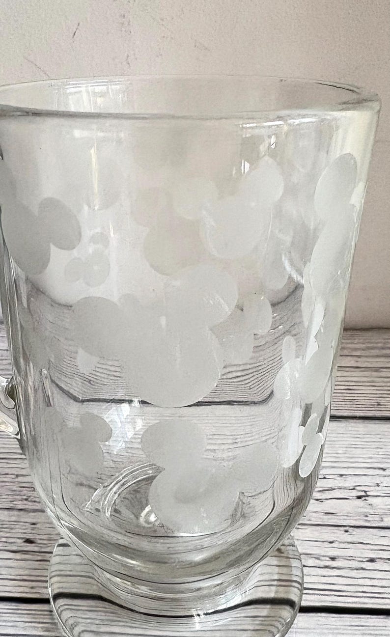 Pu&ograve; includere: Tazza di vetro trasparente con base arrotondata e manico. La tazza &egrave; decorata con un motivo di disegni bianchi a forma di Mickey Mouse. Il vetro ha un leggero aspetto smerigliato. La tazza &egrave; su una superficie di legno.