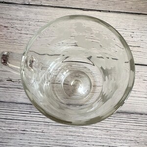 Pu&ograve; includere: Bicchiere da birra in vetro trasparente con manico. Il boccale presenta disegni floreali incisi sul bordo. Il boccale &egrave; vuoto e poggia su una superficie di legno chiaro.