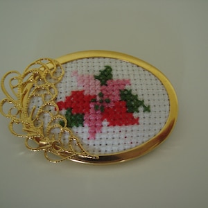Festive, cross stitch pointsetta brooch, hand stitched