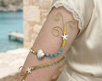 Mermaid Arm Cuff, Gold Tone Seashell Bracelet with Pearls, Blue Crystals, Boho Beach Jewelry