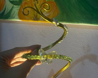 Gold Wire Butterfly Arm Cuff, Green Crystal Fairycore Bracelet, Woodland Elven Accessory