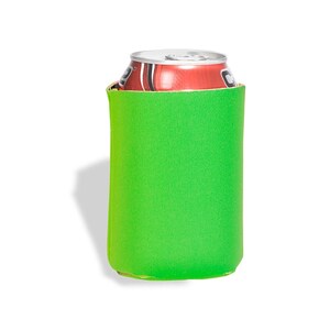 May include: A bright green neoprene can cooler. The cooler is designed to hold a standard-sized beverage can.