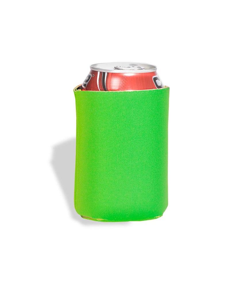 May include: A bright green neoprene can cooler. The cooler is designed to hold a standard-sized beverage can.