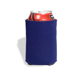 May include: A navy blue neoprene can cooler. The cooler is designed to hold a standard 12-ounce can.
