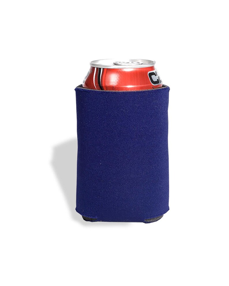 May include: A navy blue neoprene can cooler. The cooler is designed to hold a standard 12-ounce can.
