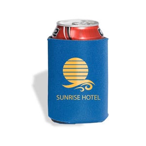 May include: Blue neoprene can cooler with a yellow sun and wave design and the text "SUNRISE HOTEL".