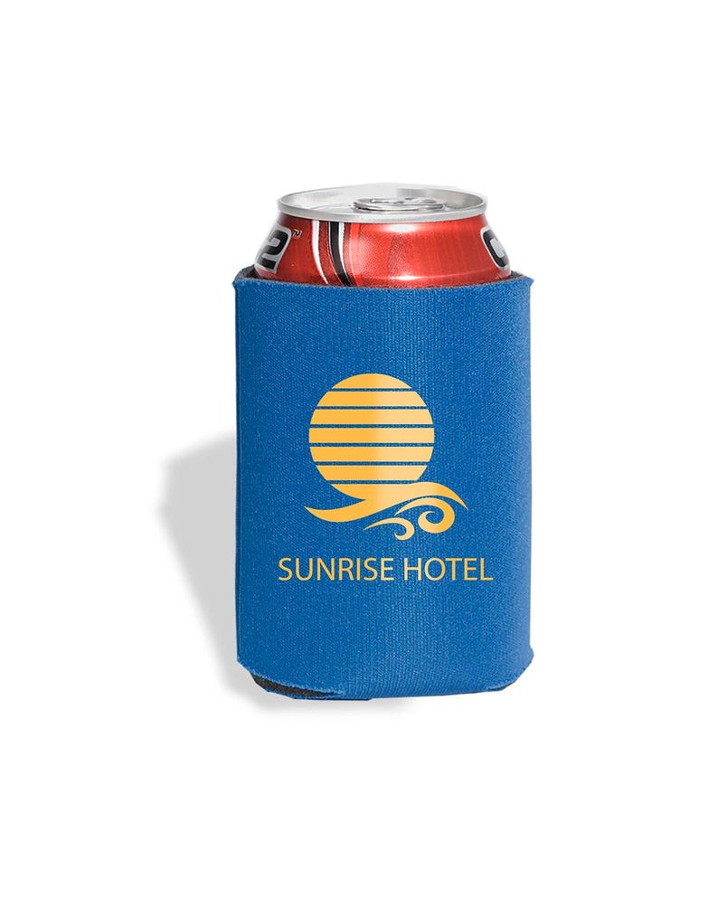 May include: Blue neoprene can cooler with a yellow sun and wave design and the text "SUNRISE HOTEL".