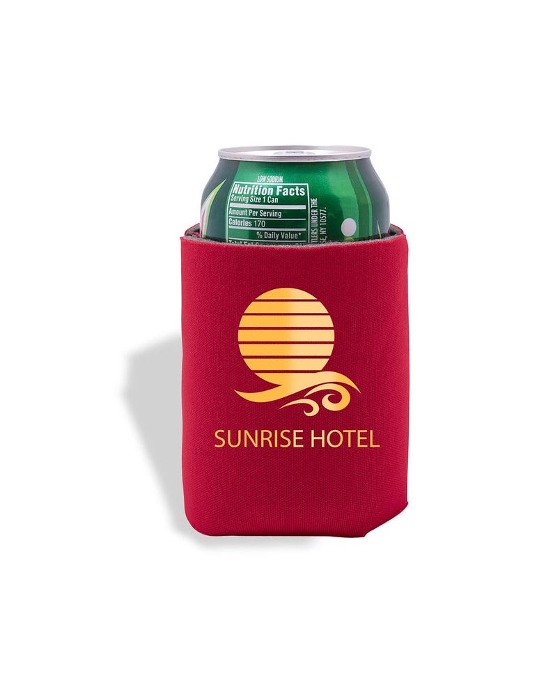 May include: Red neoprene can cooler with a gold sun and wave design and the text "SUNRISE HOTEL".