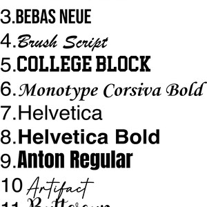 May include: A list of 12 different font styles, including Arial, Arial Black, Bebas Neue, Brush Script, College Block, Monotype Corsiva Bold, Helvetica, Helvetica Bold, Anton Regular, Artifact, Buttercup, and Old English.