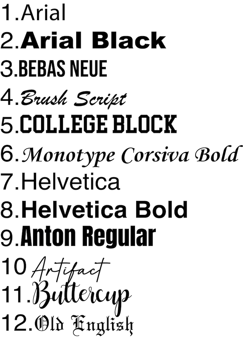 May include: A list of 12 different font styles, including Arial, Arial Black, Bebas Neue, Brush Script, College Block, Monotype Corsiva Bold, Helvetica, Helvetica Bold, Anton Regular, Artifact, Buttercup, and Old English.