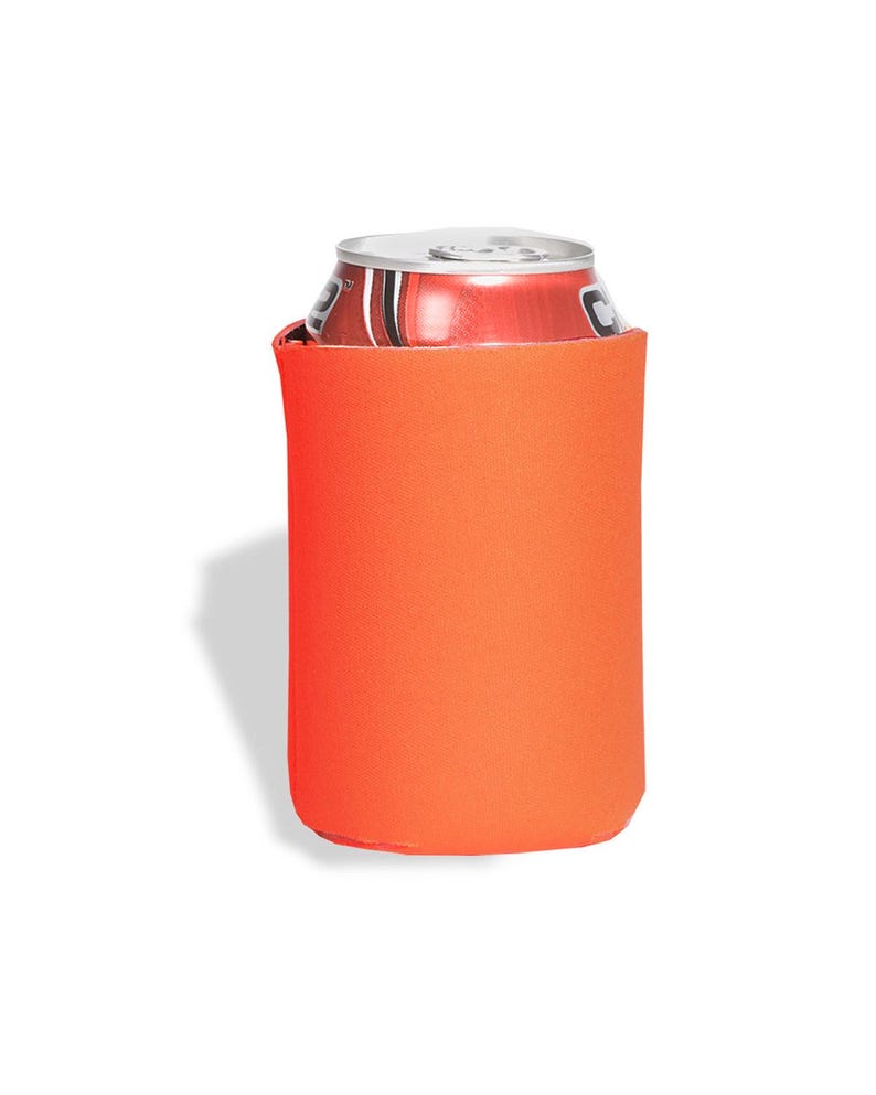 May include: Orange neoprene can cooler. The cooler is designed to fit a standard 12-ounce can.