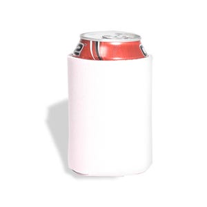 May include: White foam can cooler with a red and black can inside.