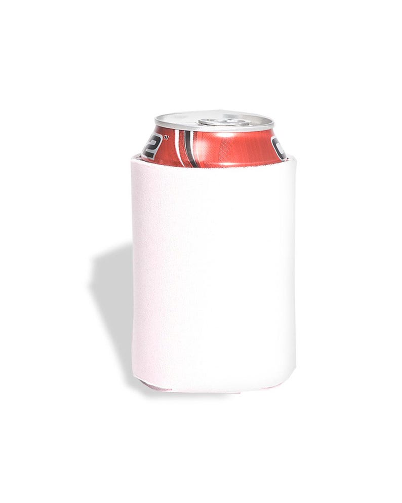 May include: White foam can cooler with a red and black can inside.