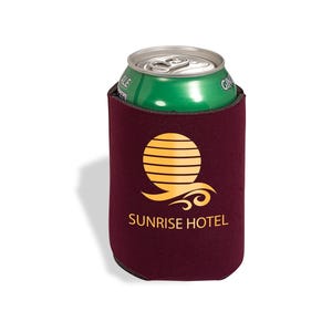 May include: Burgundy colored can cooler with a yellow sun and wave design. The text "SUNRISE HOTEL" is printed below the design.