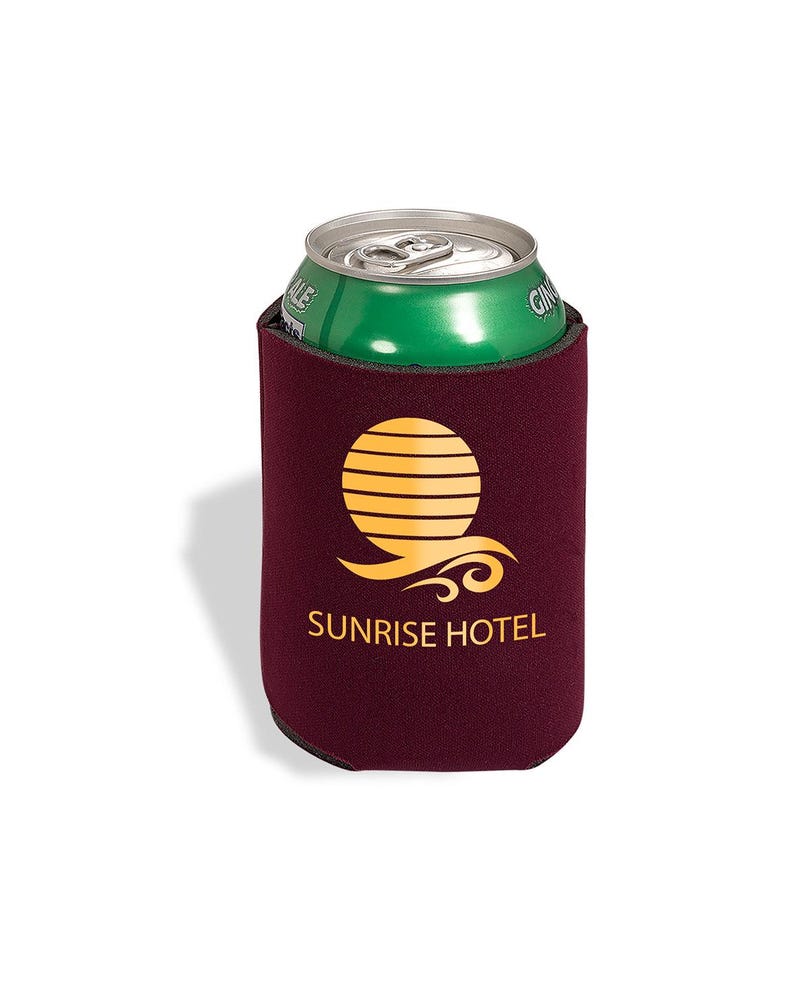 May include: Burgundy colored can cooler with a yellow sun and wave design. The text "SUNRISE HOTEL" is printed below the design.
