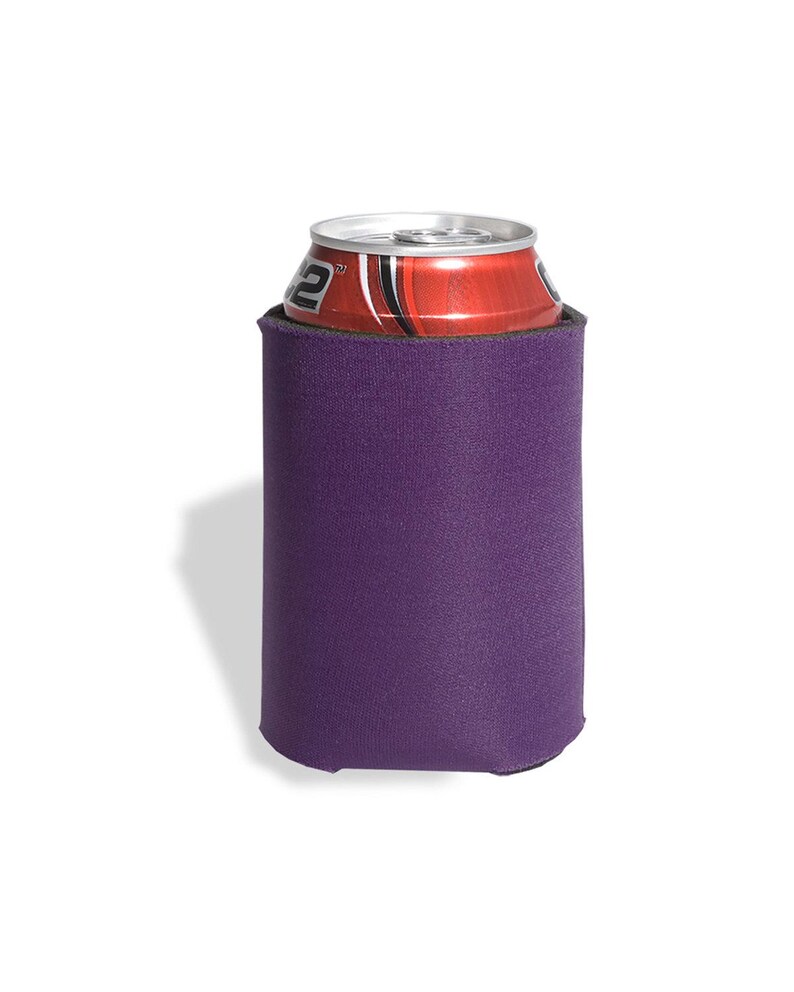 May include: Purple neoprene can cooler. The cooler is designed to hold a standard 12-ounce can.
