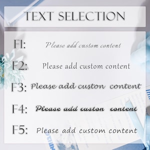 Puede incluir: Una tarjeta blanca con el texto "TEXT SELECTION" en la parte superior. Debajo, enumera las opciones F1 a F5, cada una seguida de la frase "Please add custom content". El fondo es blanco con detalles azules.