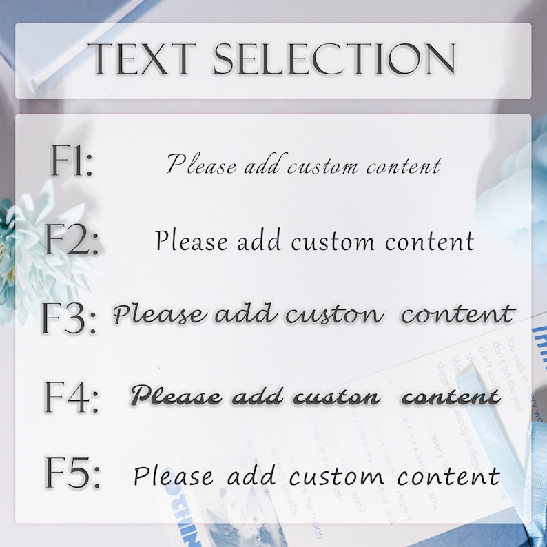 Puede incluir: Una tarjeta blanca con el texto "TEXT SELECTION" en la parte superior. Debajo, enumera las opciones F1 a F5, cada una seguida de la frase "Please add custom content". El fondo es blanco con detalles azules.