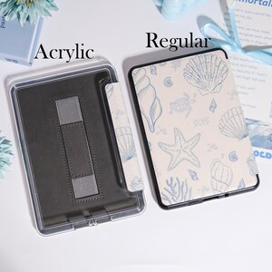 Puede incluir: Se muestran dos fundas para lectores electr&oacute;nicos. Una es acr&iacute;lica con un interior gris y un soporte. La otra es una funda normal con un fondo crema y dise&ntilde;os azules de conchas marinas, estrellas de mar y tortugas. Las palabras "Acrylic" y "Regular" son visibles.