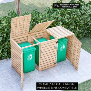 Wheelie Bin Storage Plans, Triple Outdoor Trash Can Storage, DIY Garbage Bin Store Plans, 32 Gallon 48 Gallon 64 Gallon Trash Bin Storage