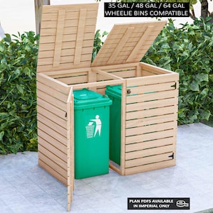 Wheelie Bin Storage Plans, Double Trash Can Storage Plans, Garbage Bin Store, 32 Gallon 48 Gallon 64 Gallon Trash Can, DIY Storage Bin Plans